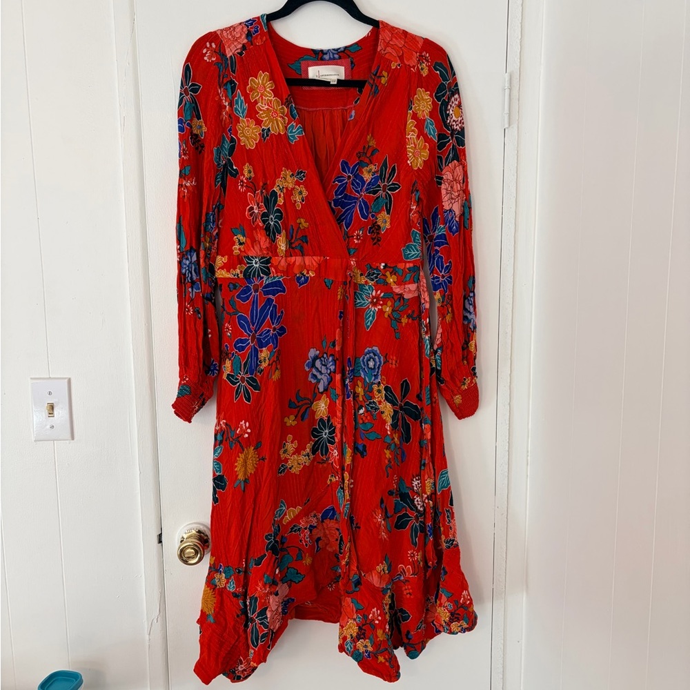 Anthropologie Red Floral Long Sleeve Dress